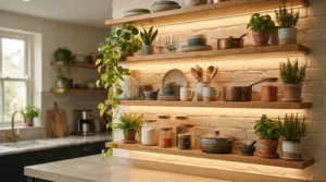 Segmented smart LED strip lights kitchen highlighting floating oak shelving displaying ceramic mugs and glassware