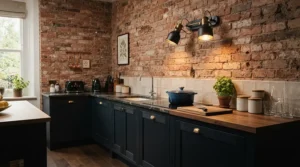 Industrial style worktop lighting paired with exposed brickwork and dark shaker kitchen cabinets