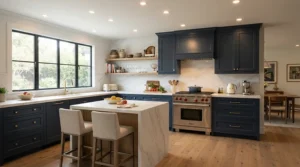 High-output LED downlights kitchen setup casting a brilliant beam onto dark navy blue matte units and marble worktops