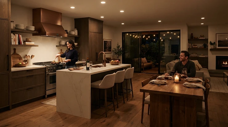 Dimmable LED downlights kitchen configuration showing flexible brightness levels for entertaining guests at night