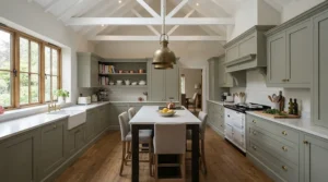 Energy-efficient LED downlights kitchen setup fitted into a high Victorian ceiling alongside traditional shaker-style cabinets