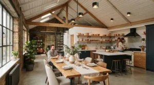 Adjustable LED downlights kitchen lighting scheme fitted evenly across a pitched roof extension with rooflights