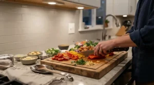 Bright LED downlights kitchen positioning directly above main food preparation zones to eliminate shadows on countertops