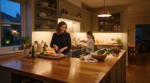 Warm white LED downlights kitchen design creating a cosy evening atmosphere for family dining and food preparation