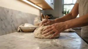 Bright LED light bar worktop kitchen task lighting highlighting a flour-dusted pastry prep station