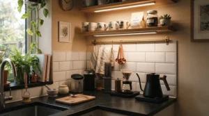 Space-saving LED light bar worktop kitchen fixture brightening a compact terraced house cooking area