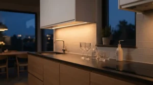 Warm white LED light bar worktop kitchen setup creating a cozy evening atmosphere for entertaining