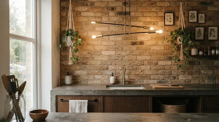 Industrial-inspired LED light bar worktop kitchen lighting paired with exposed brickwork and concrete