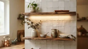 Integrated LED light bar worktop kitchen solution fitted underneath open wooden shelving