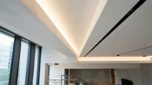 Warm LED strip lights for kitchen recessed into a drop ceiling architectural cove