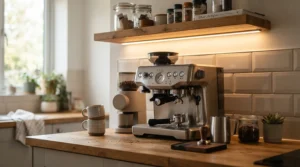 Task-focused LED strip lights for kitchen lighting up a dedicated coffee machine corner