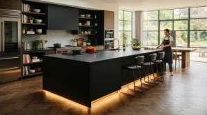 Modern LED strip lights for kitchen fitted along the base of a central breakfast island