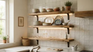 Discreet LED strip lights for kitchen highlighting open wooden shelving and glassware