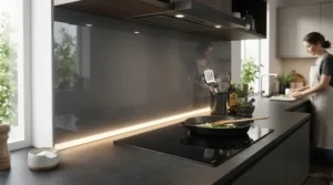 Vibrant LED strip lights for kitchen running horizontally behind a glass splashback