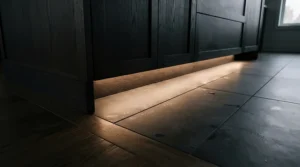 Energy-efficient LED strip lights for kitchen placed low down along the floor plinths