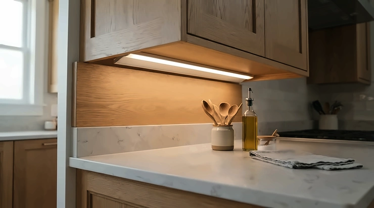 Bright LED strip lights for kitchen installed neatly under sleek white wall cabinets