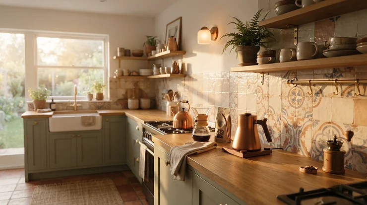 Cozy warm white LED strip lights under cabinet kitchen illuminating a tiled splashback