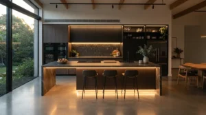 Contemporary LED worktop lighting fitted beneath handleless gloss cabinets in a stylish family kitchen