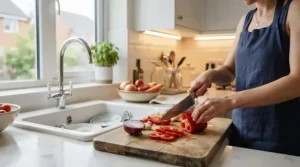 Bright LED under cabinet lights kitchen task lighting shining over chopping board and fresh vegetables