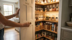 Magnetic rechargeable under cabinet lighting fitted inside a dark wooden pantry shelf
