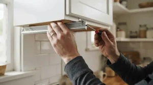 Magnetic rechargeable under cabinet light being attached to a kitchen shelf