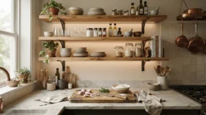 Minimalist floating kitchen shelving with integrated worktop lighting highlighting ceramic tableware and mugs