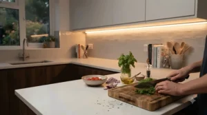 Warm under cabinet lights kitchen illuminating a neat quartz worktop in a contemporary British home