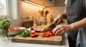 Sleek under-cabinet worktop lighting illuminating a clean quartz kitchen counter during evening food preparation