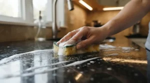 Wiping down counters after dinner with a motion sensor under cabinet light