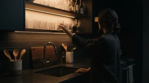 Grabbing a late-night snack in a dimly lit room using a motion sensor under cabinet light