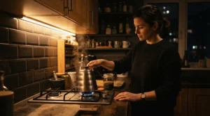 A person preparing a warm drink at night illuminated by a motion sensor under cabinet light