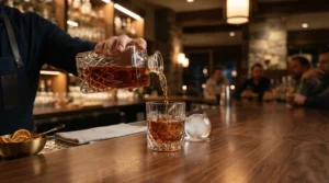 Pouring juice into glassware in a modern home using a motion sensor adherence