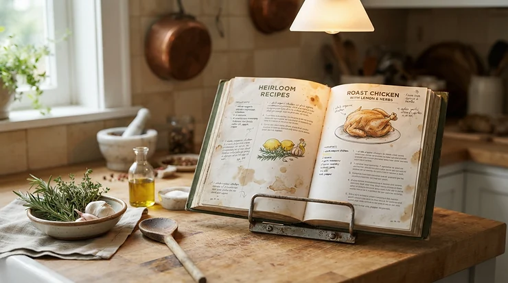 Following a family cookbook recipe illuminated by a motion sensor under cabinet light