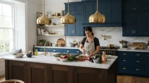 Brass pendant lights over kitchen island complementing dark navy blue cabinets and herringbone flooring