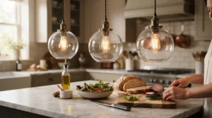 Glass globe pendant lights over kitchen island casting warm illumination across a marble countertop