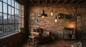 Industrial style pendant lights over kitchen island featuring exposed brick walls and dark metal cabinetry