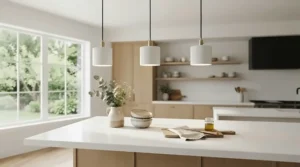 Minimalist pendant lights over kitchen island in an all-white Scandinavian-inspired apartment kitchen