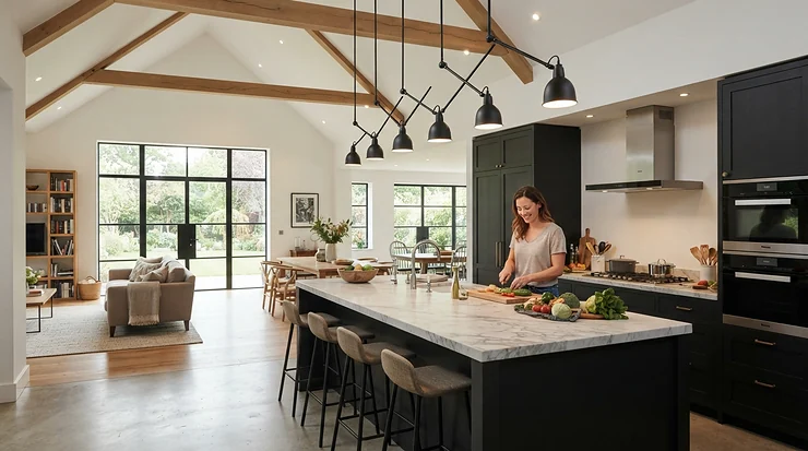 Stylish pendant lights over kitchen island defining the cooking zone in an open plan Victorian terraced house