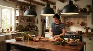 Large matte black pendant lights over kitchen island providing dramatic task lighting for cooking