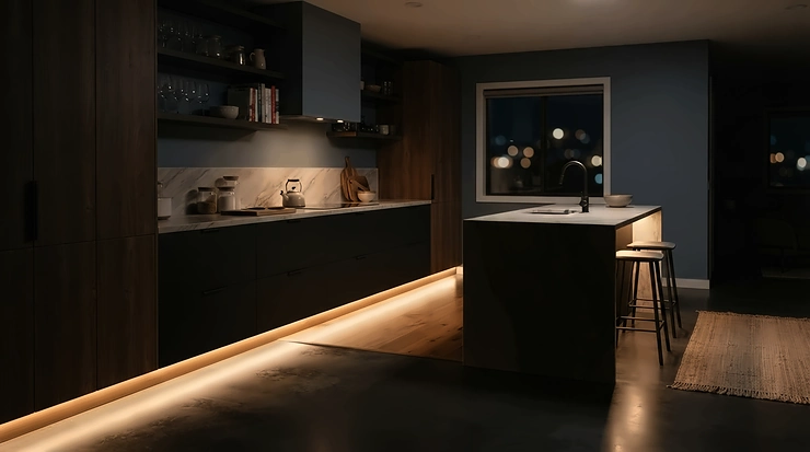Softly dimmed plinth lights for kitchen providing gentle nighttime navigation lighting in a stylish urban apartment kitchen.