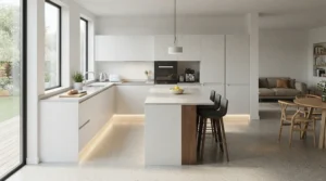 Subtle plinth lights for kitchen installed under handleless white units to highlight the floor space in a bright open-plan room.