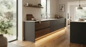 Sleek plinth lights for kitchen fitted beneath contemporary dark grey floor cabinets, casting a warm glow on wooden flooring.