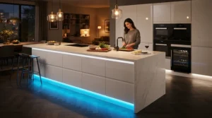 Vibrant colour changing plinth lights for kitchen creating a bold mood lighting effect along the bottom of gloss white units.