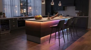 Smart app-controlled plinth lights for kitchen showing customizable multi-coloured hues beneath a breakfast bar overhang.