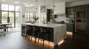 Stylish plinth lights for kitchen fitted around the recessed base of a large central island unit in a spacious Victorian property.