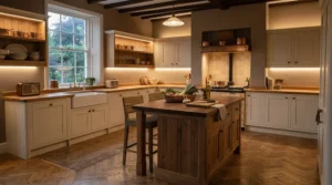 Warm white plinth lights for kitchen reflecting beautifully off a traditional herringbone oak parquet floor in a terraced house.