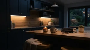 Smart dimmable worktop lighting creating a relaxing evening ambience in an open-plan kitchen diner