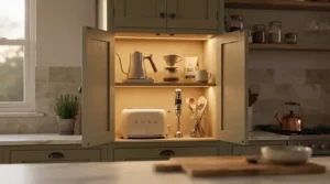 Concealed smart LED strip lights kitchen lighting up a dedicated appliance station inside a wooden breakfast station