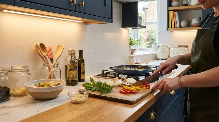 Bright smart LED strip lights kitchen installed neatly under sleek wall cabinets to illuminate a modern stone worktop
