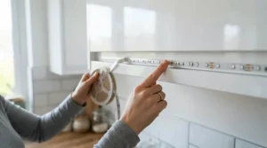 Sticky LED tape kitchen application showing bright LED strip lights under cabinet kitchen